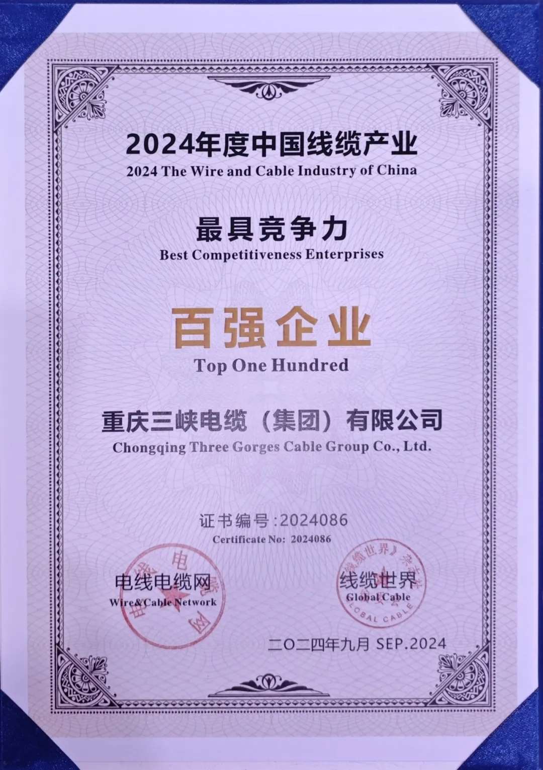 三峽資訊｜三峽電纜集團(tuán)榮獲“2024年中國線纜產(chǎn)業(yè)最具競爭力100強(qiáng)企業(yè)”