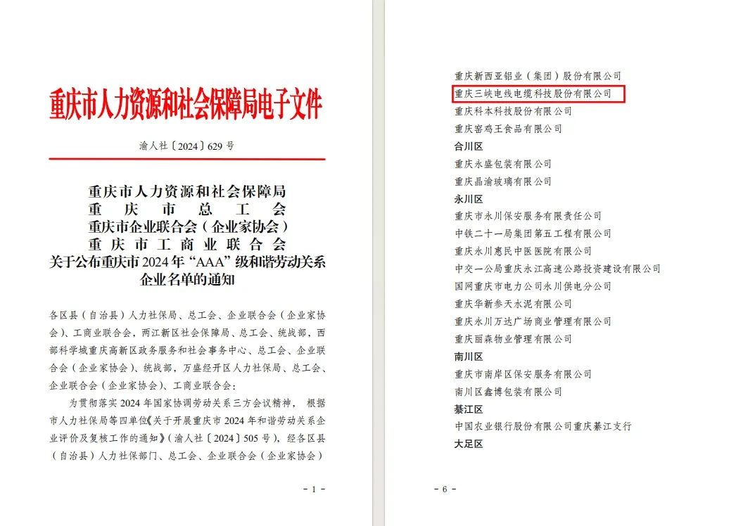再上新階！三峽電纜榮獲重慶市2024年“AAA”級(jí)和諧勞動(dòng)關(guān)系企業(yè)